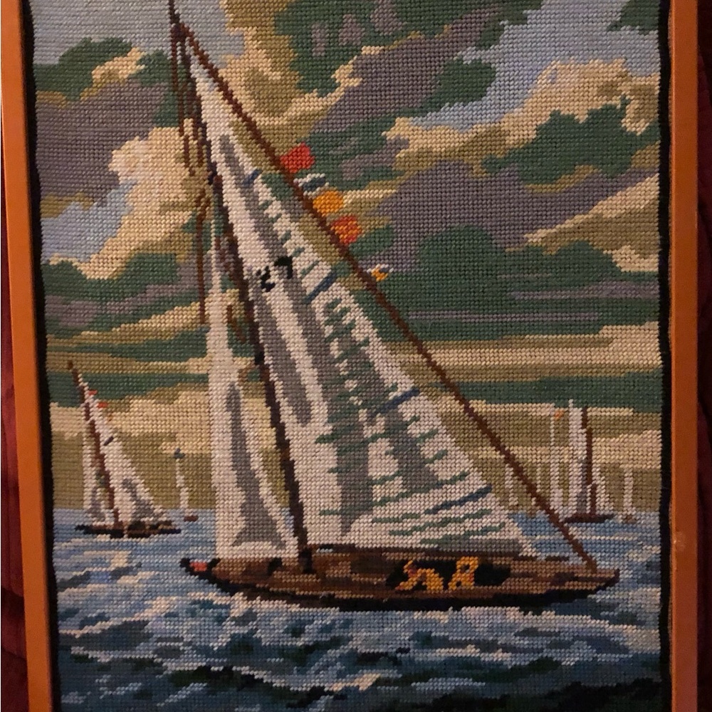 Handcrafted Sailboat Needlepoint Wall Art in Blue and Cream GORGEOUS